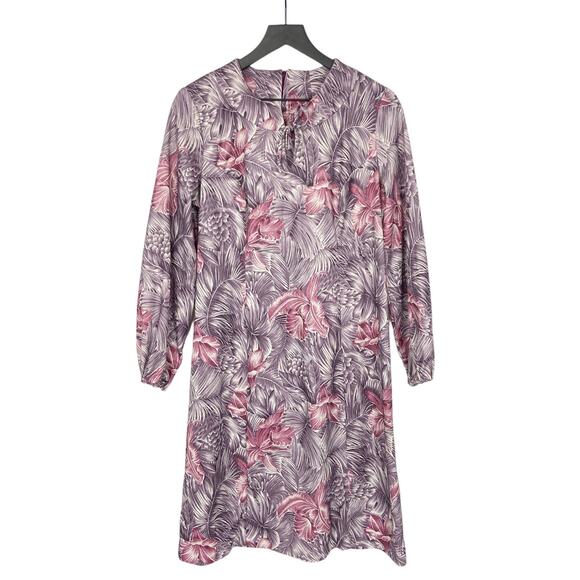 Vintage 70s Boho Floral Mini Dress Women's Medium Purple Pink Long Sleeve - Picture 2 of 10